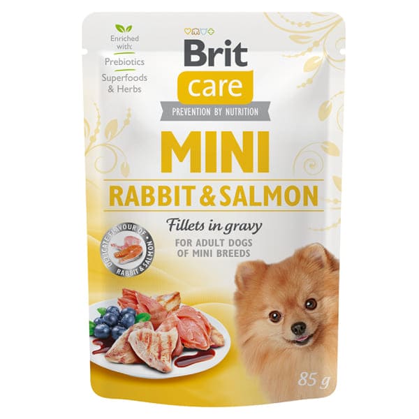 BRIT CARE DOG MINI RABBIT SALMON FILLETS konservi suņiem Trusis, lasis mērcē 85g